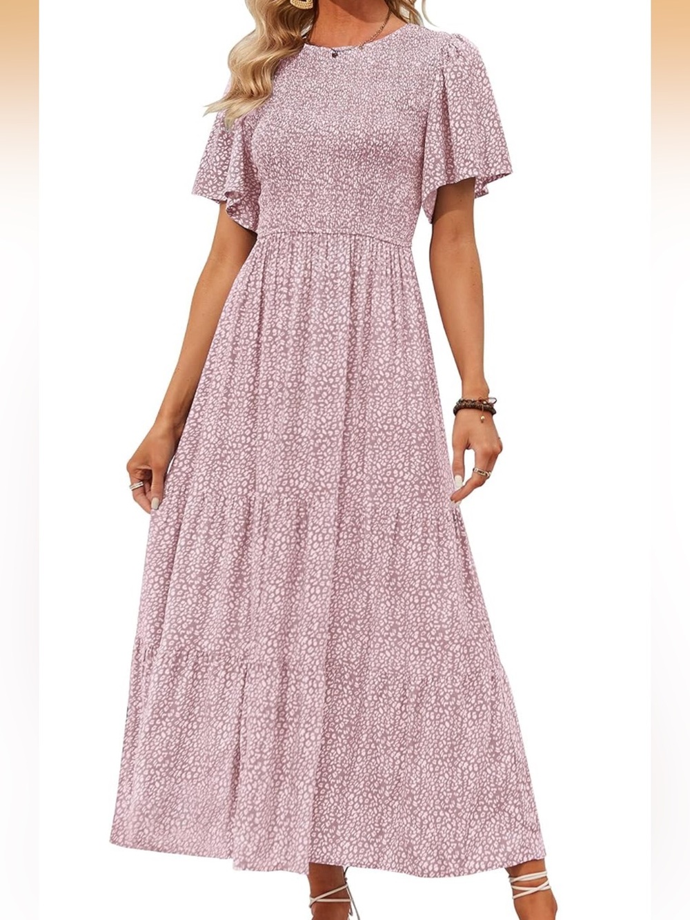 Tiered Flutter-Sleeve Maxi Dress in Dusty Pink